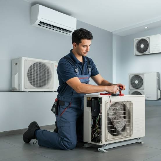 Technician servicing a ductless mini-split outdoor unit